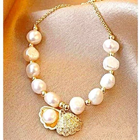 Coastal Style Faux Pearl & Gold Statement Bracelet with Adjustable Drawstring - Picture 1 of 8